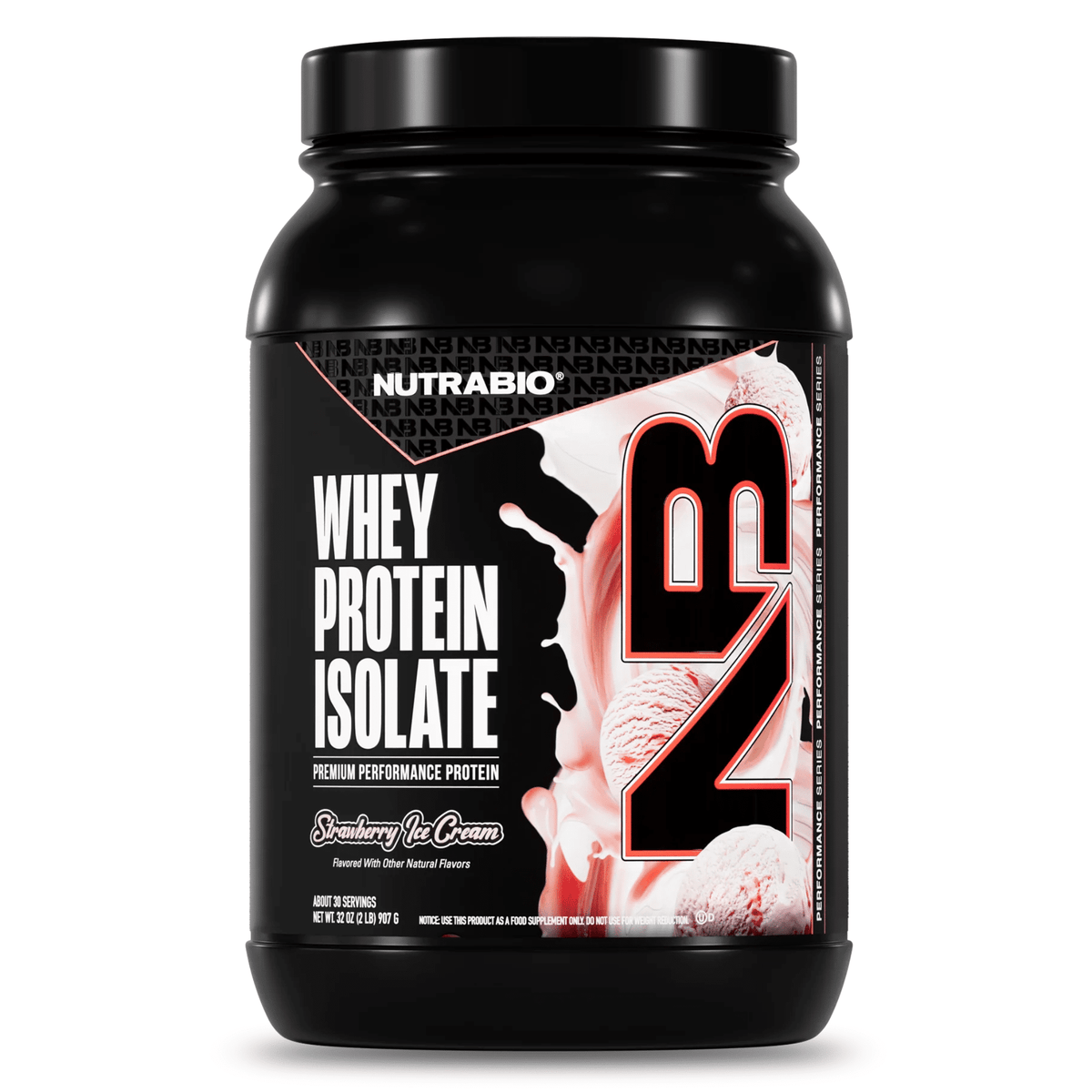 Nutra Bio 100% Whey Isolate protein powder, 2lb size, Strawberry flavor