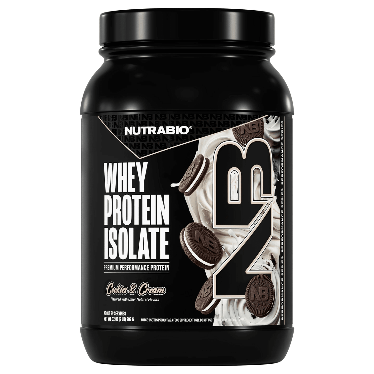 Nutra Bio 100% Whey Isolate protein powder, 2lb size, Cookies & Cream flavor
