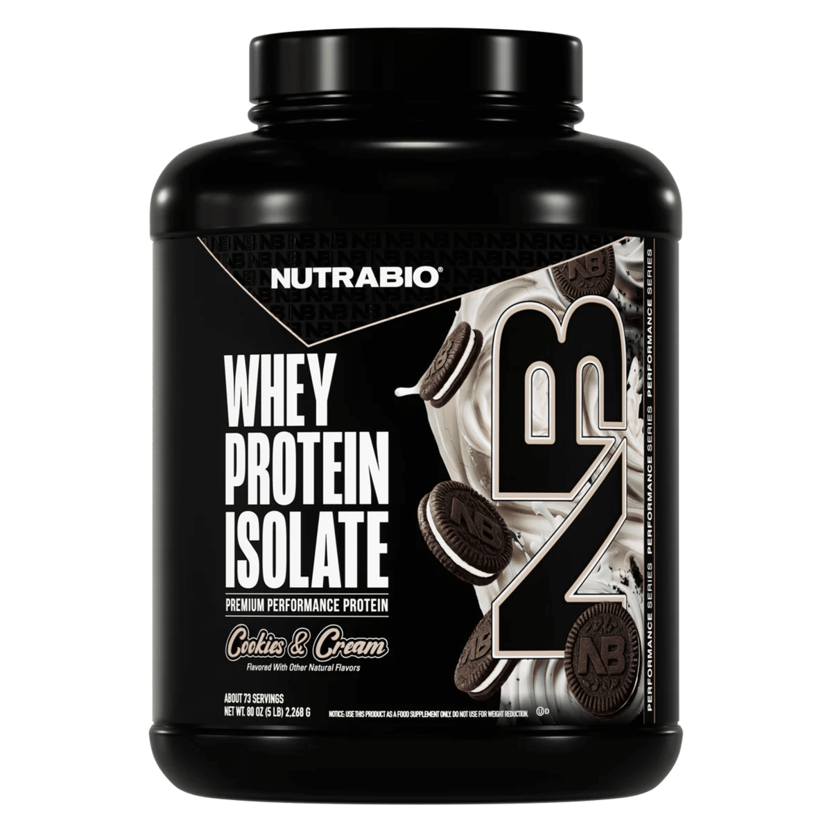 Nutra Bio 100% Whey Isolate protein powder, 5lb size, Cookies & Cream flavor