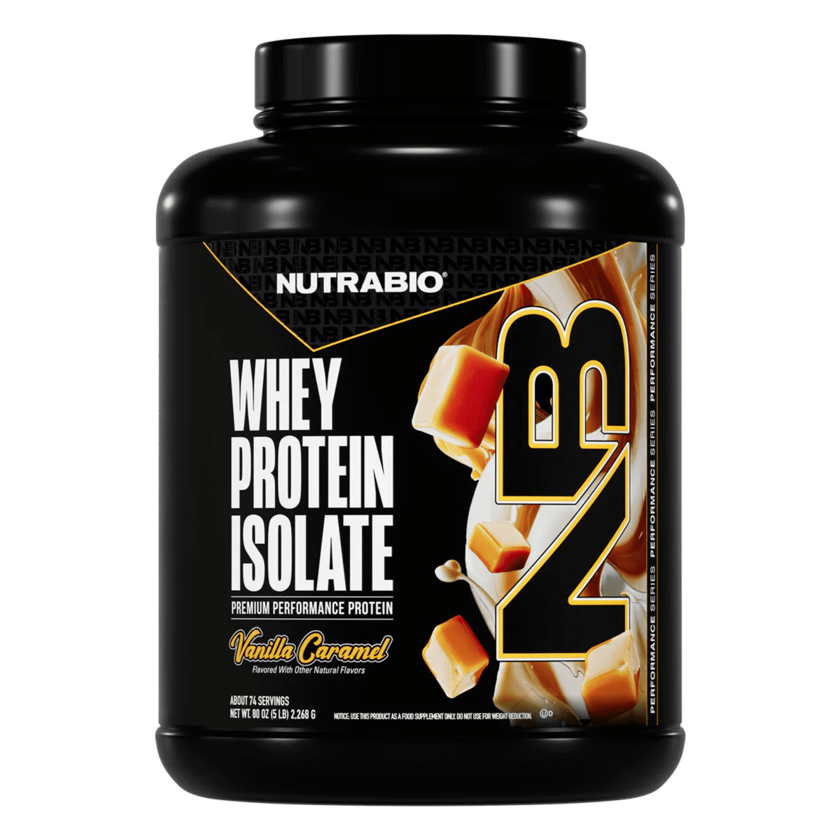 Nutra Bio 100% Whey Isolate protein powder, 5lb size, Vanilla Salted Caramel flavor