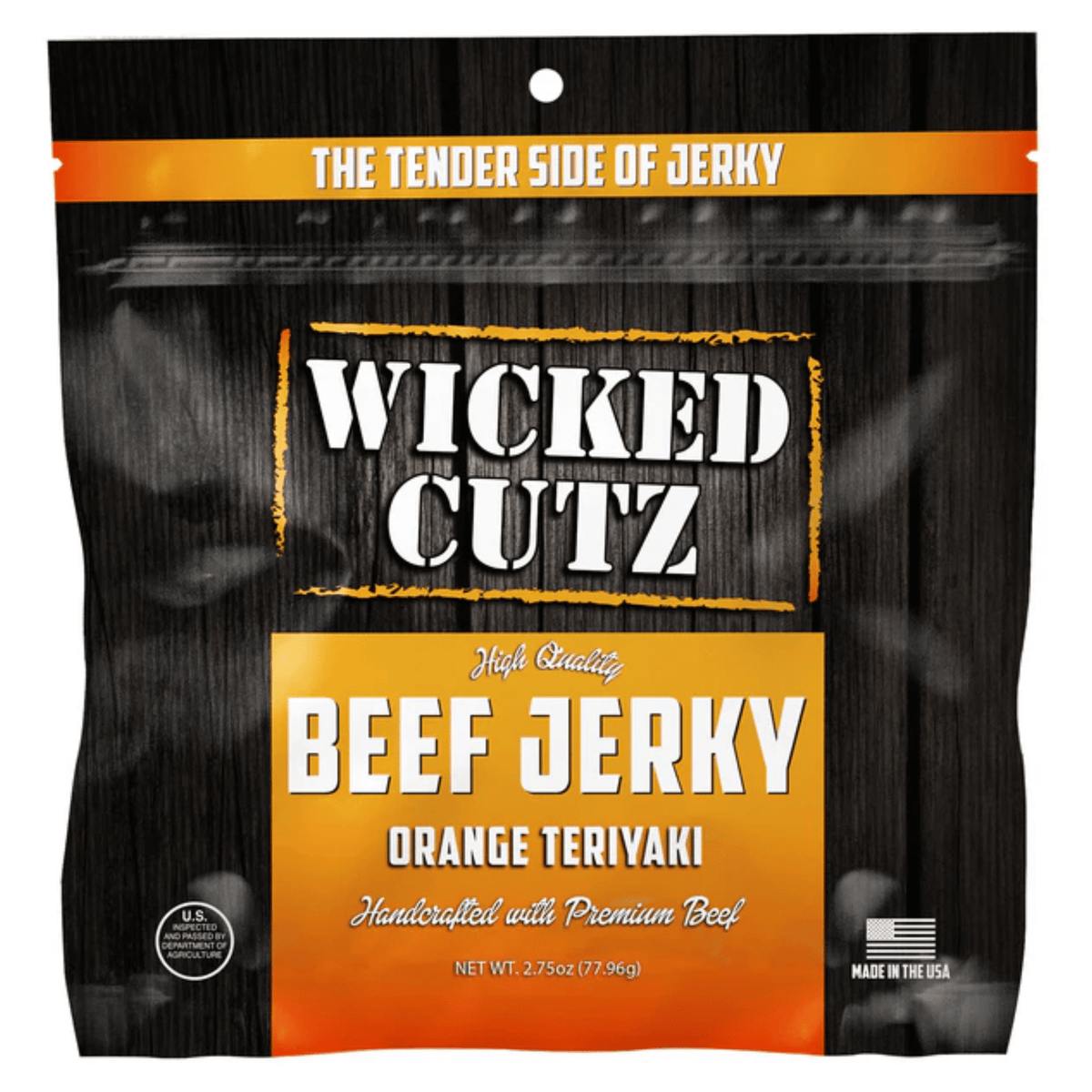 Wicked Cutz Jerky protein bar, Single Pack size, Orange Teriyaki Beef Jerkey flavor