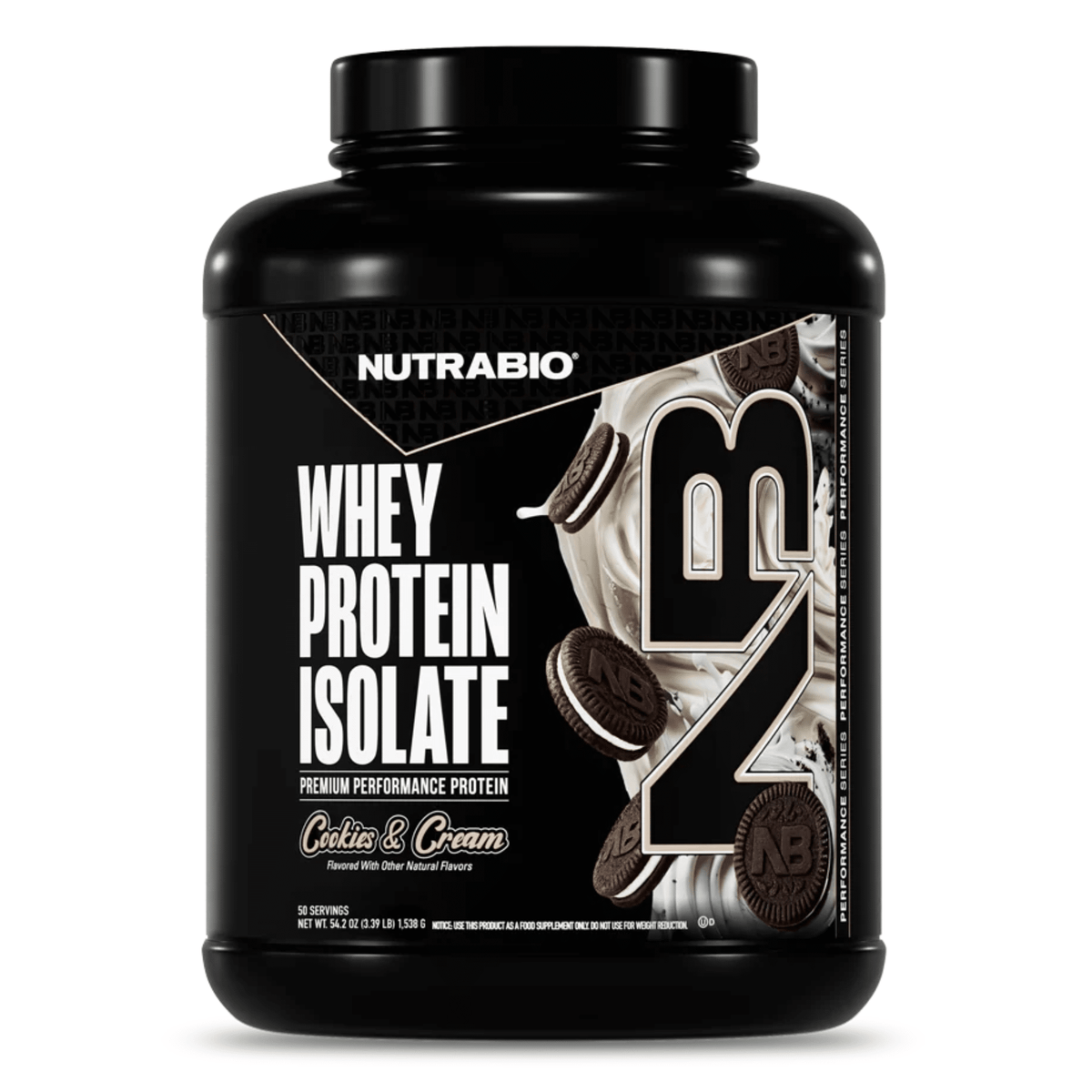 Nutra Bio 100% Whey Isolate protein powder, 50sv size, Cookies & Cream flavor