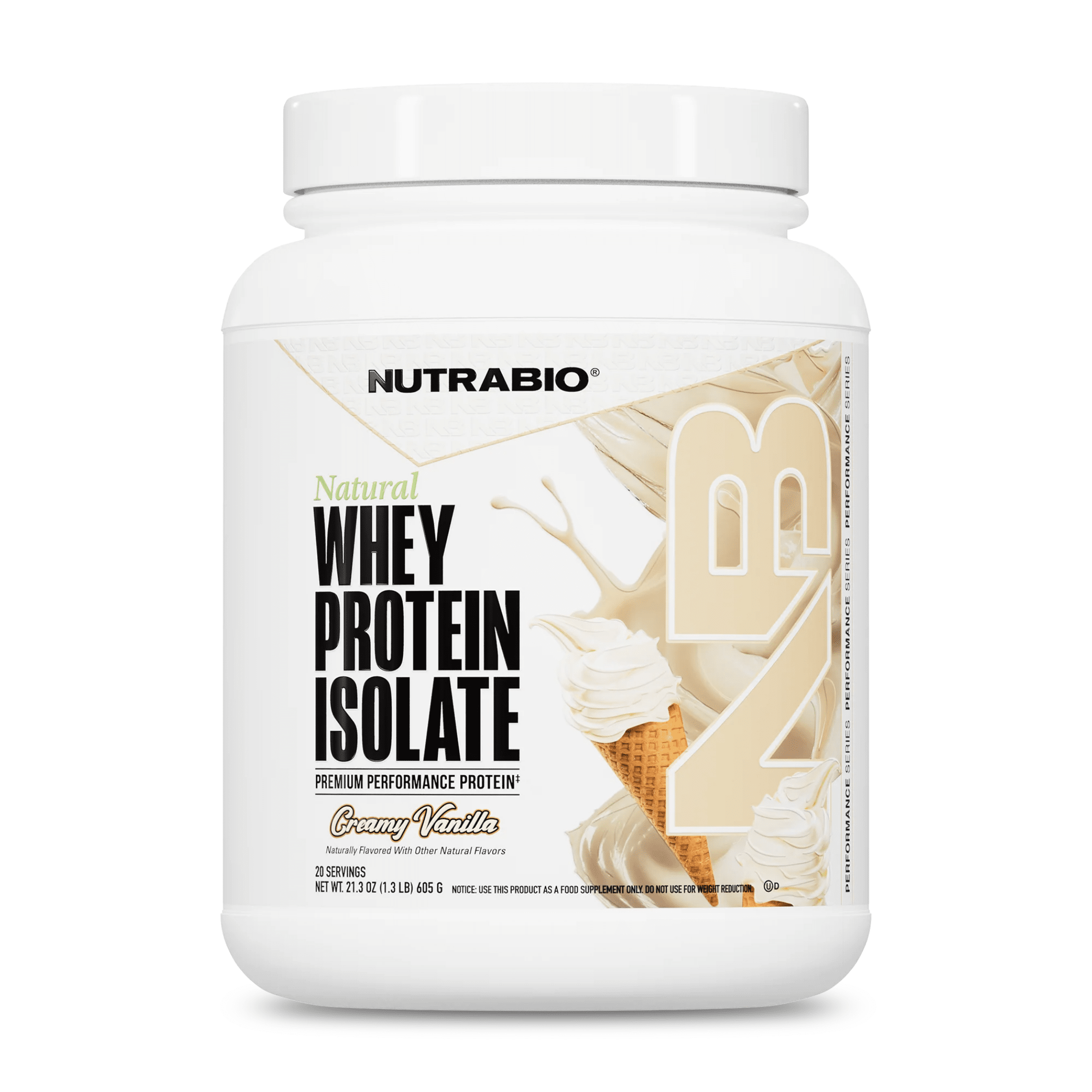 NutraBio Natural Whey Protein Isolate in Creamy Vanilla, 25g cross-flow microfiltered WPI90 protein per serving