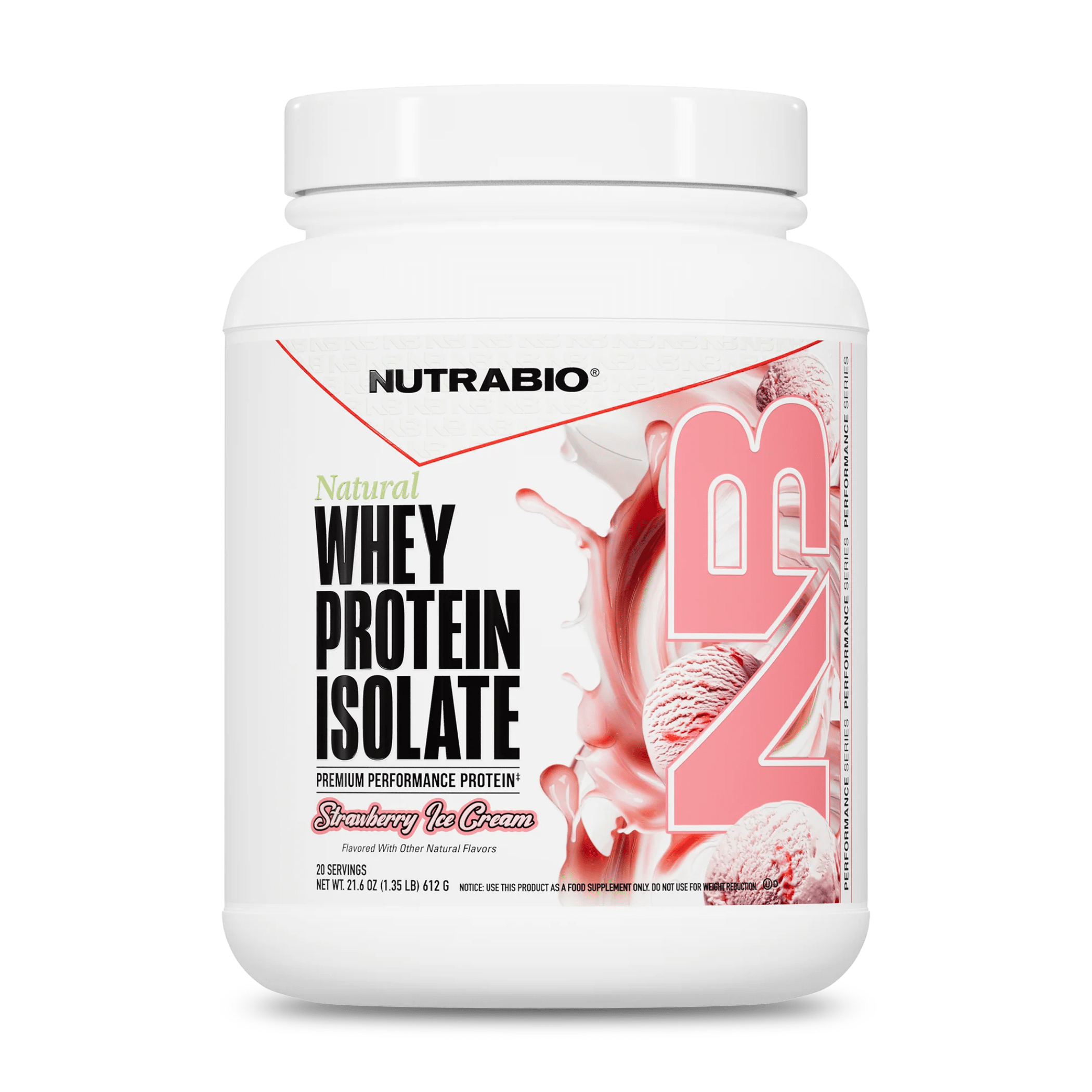NutraBio Natural Whey Protein Isolate Strawberry Ice Cream flavor, naturally flavored whey isolate powder