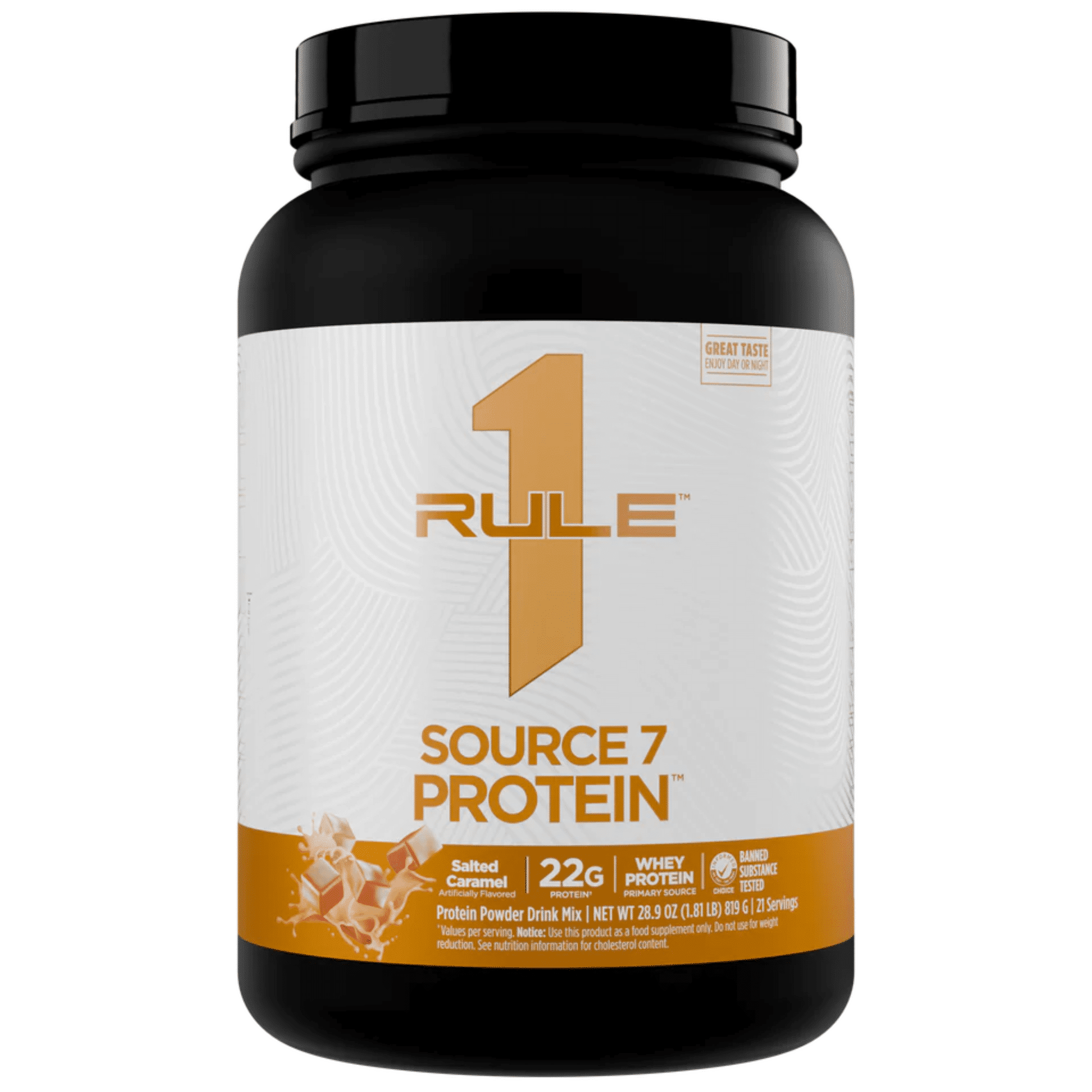 Rule One Source 7 protein powder, 1.8lb size, Salted Caramel flavor