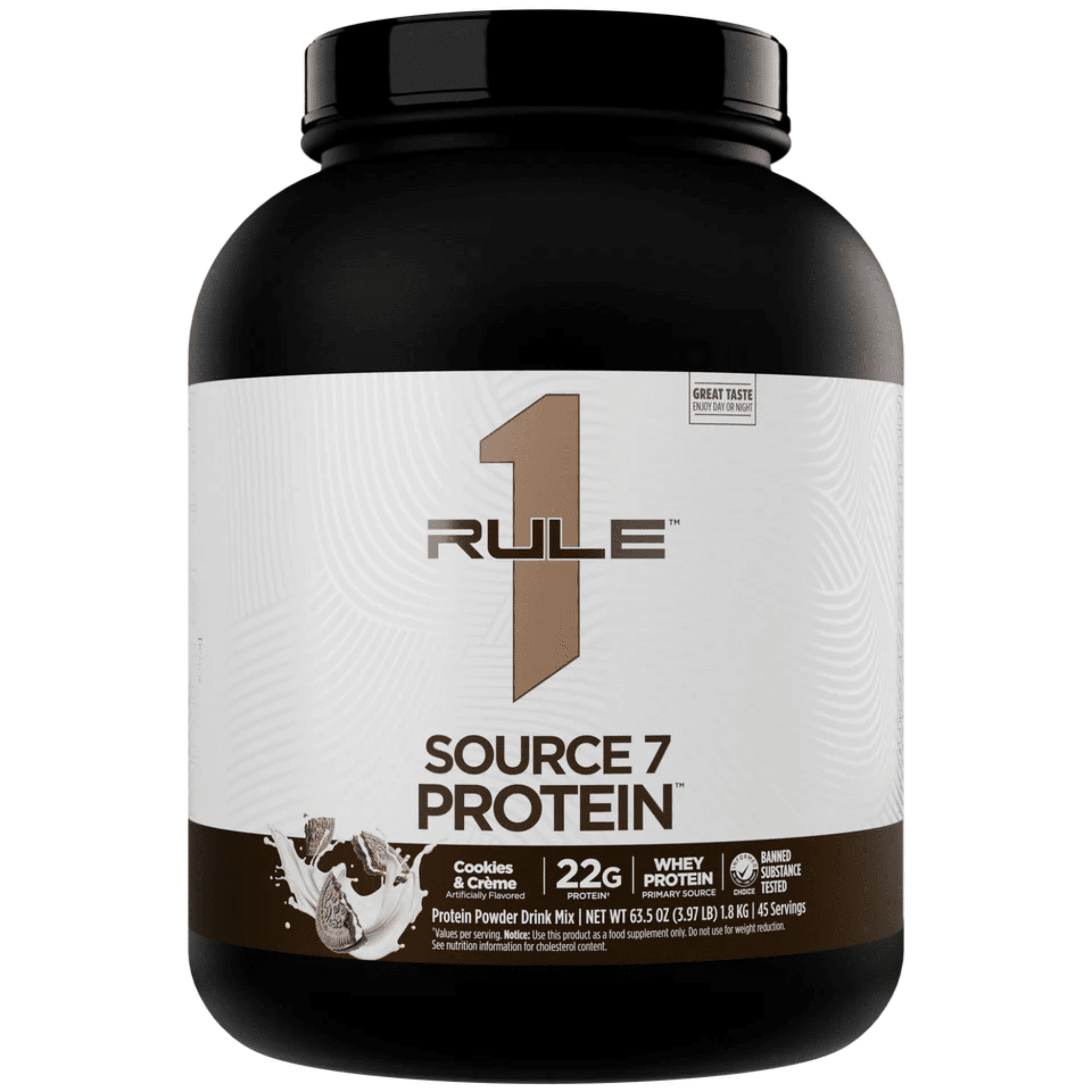 Rule One Source 7 protein powder, 4lb size, Cookies & Creme flavor