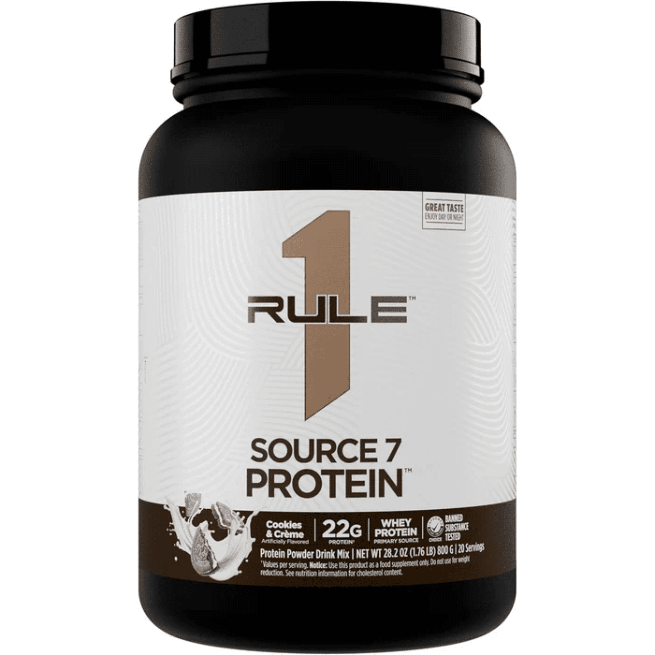 Rule One Source 7 protein powder, 1.8lb size, Cookies & Creme flavor