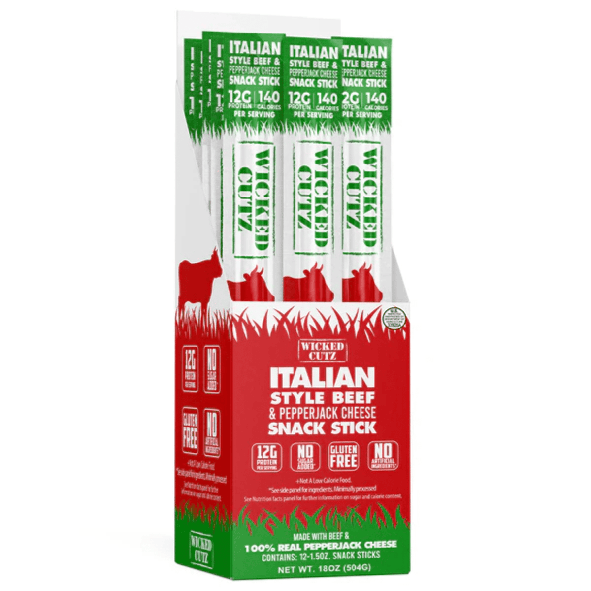 Wicked Cutz Beef Sticks protein bar, 12ct size, Italian Beef flavor