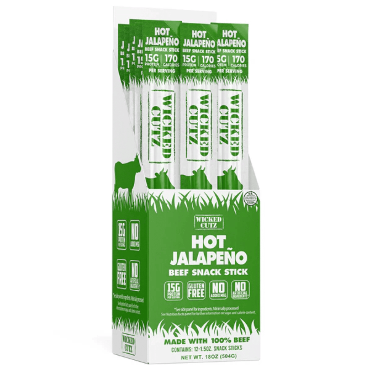 Wicked Cutz Beef Sticks protein bar, 12ct size, Volcanic Jalapeno flavor