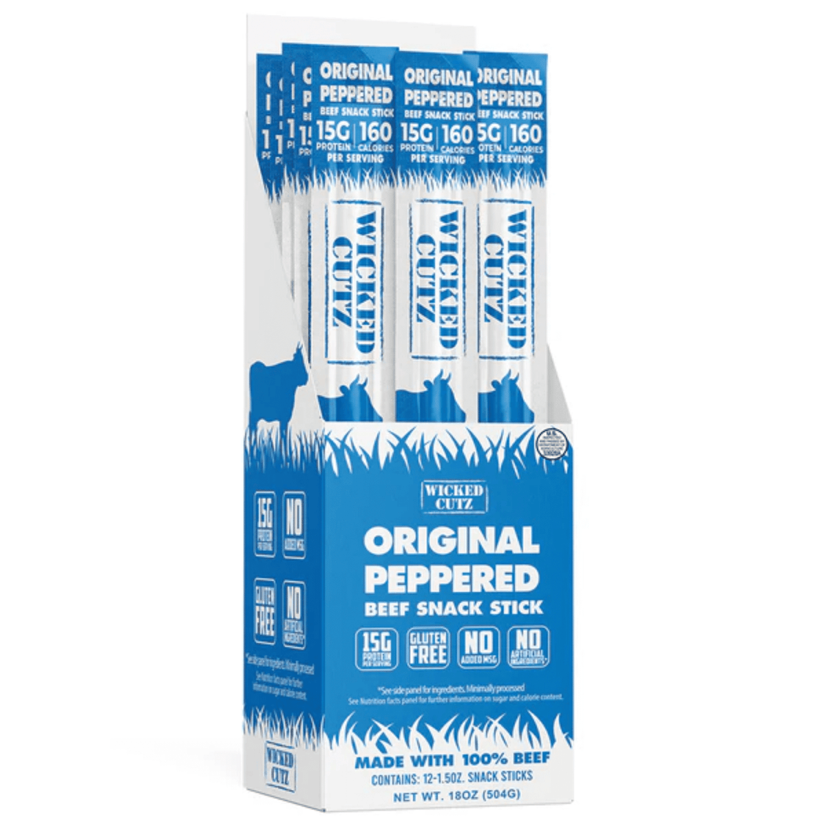 Wicked Cutz Beef Sticks protein bar, 12ct size, Original Peppered Beef flavor