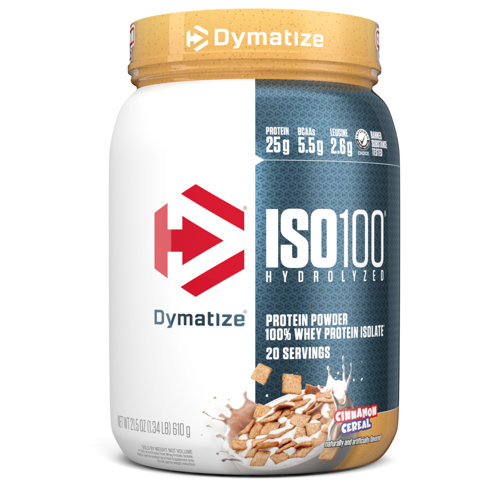 Dymatize Iso 100 protein powder, 20sv size, Cinnamon Cereal flavor