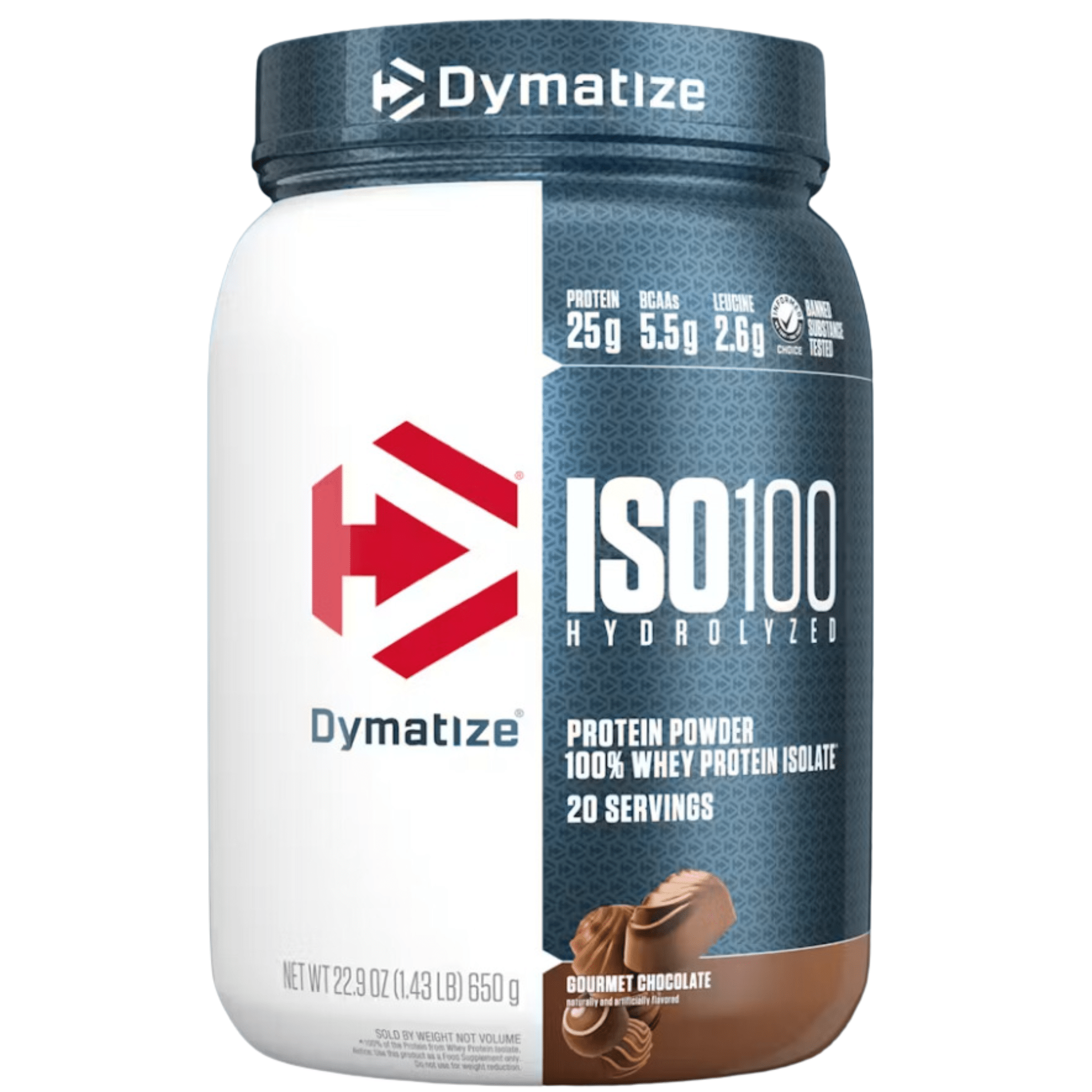 Dymatize Iso 100 protein powder, 20sv size, Gourmet Chocolate flavor
