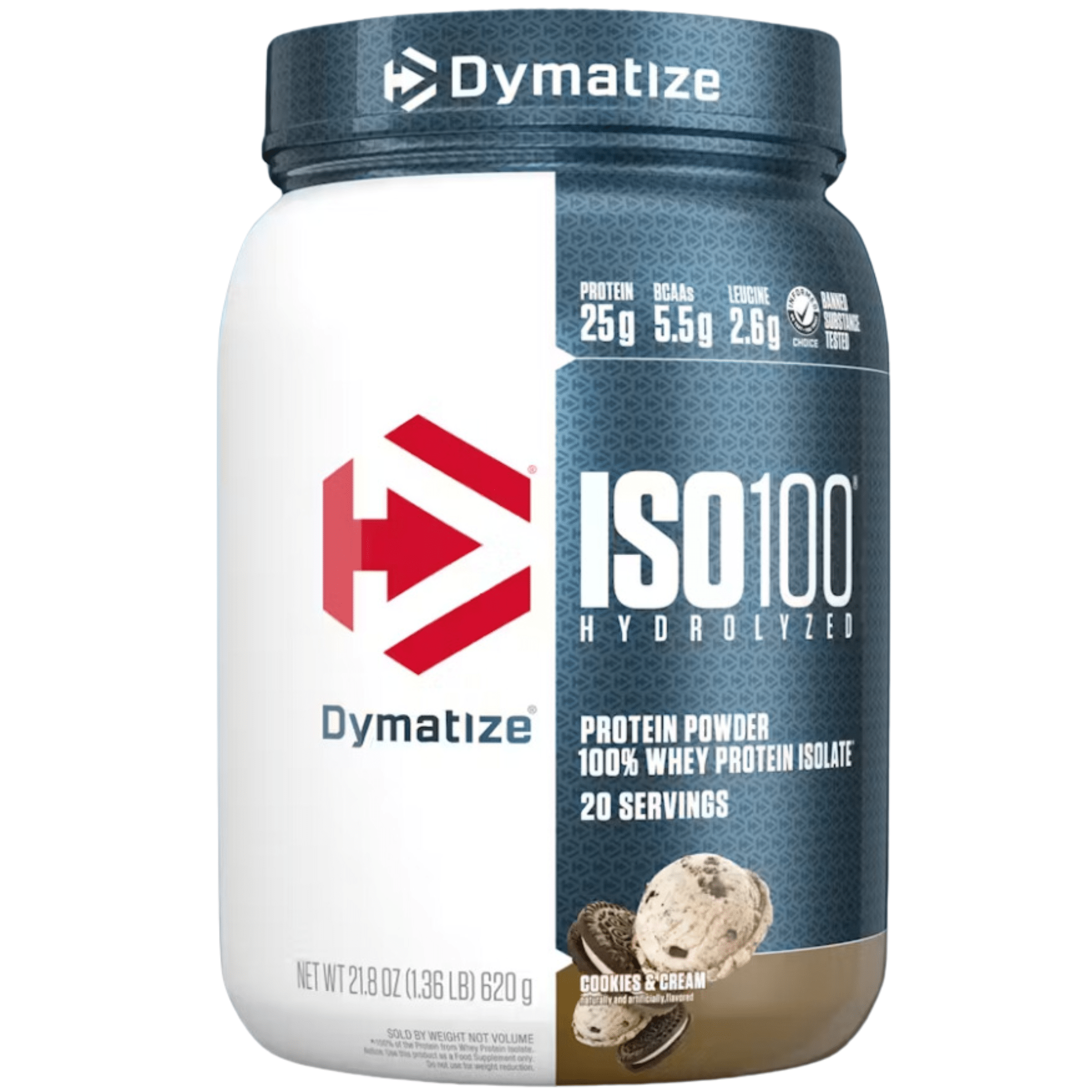 Dymatize Iso 100 protein powder, 20sv size, Cookies & Cream flavor