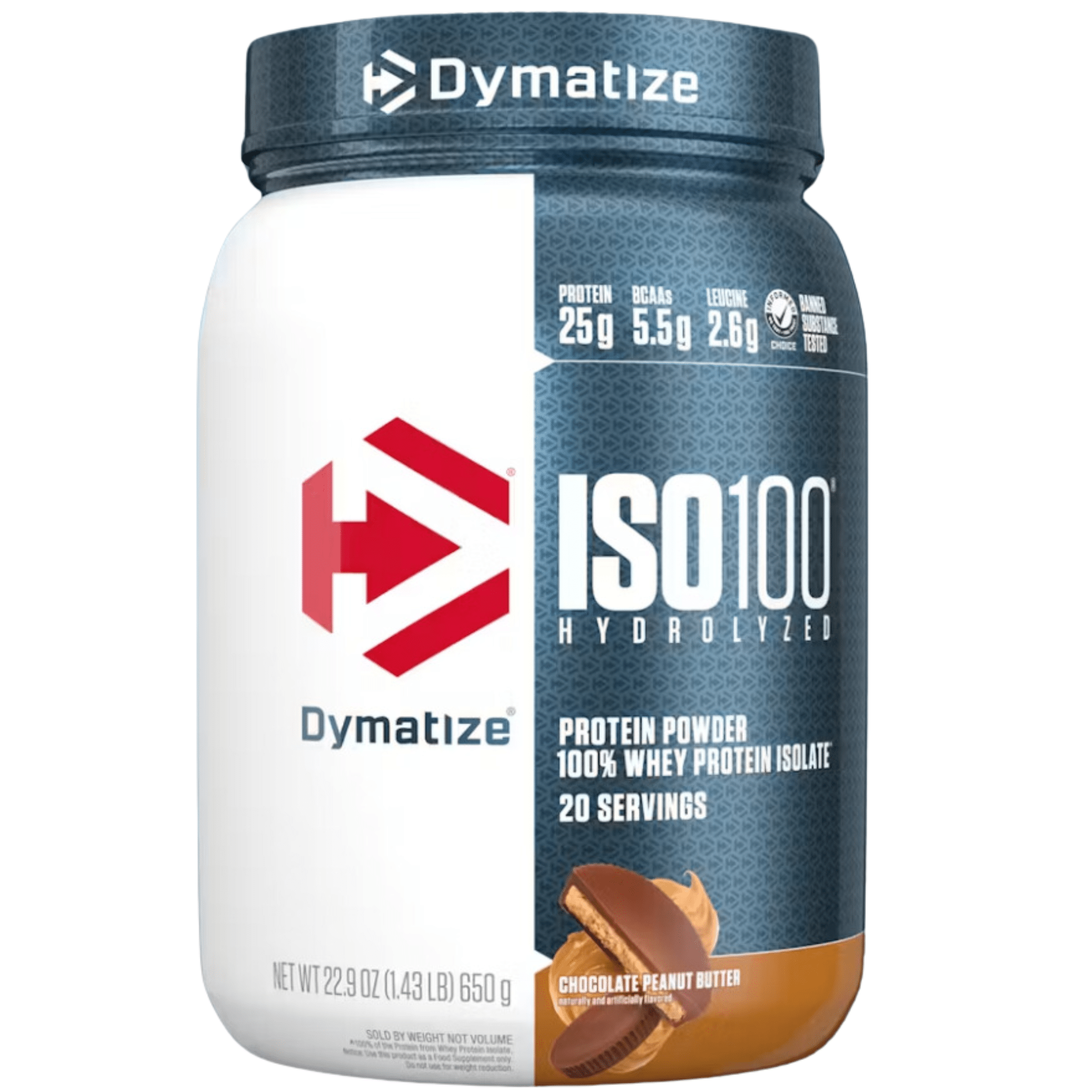 Dymatize Iso 100 protein powder, 20sv size, Chocolate PB flavor
