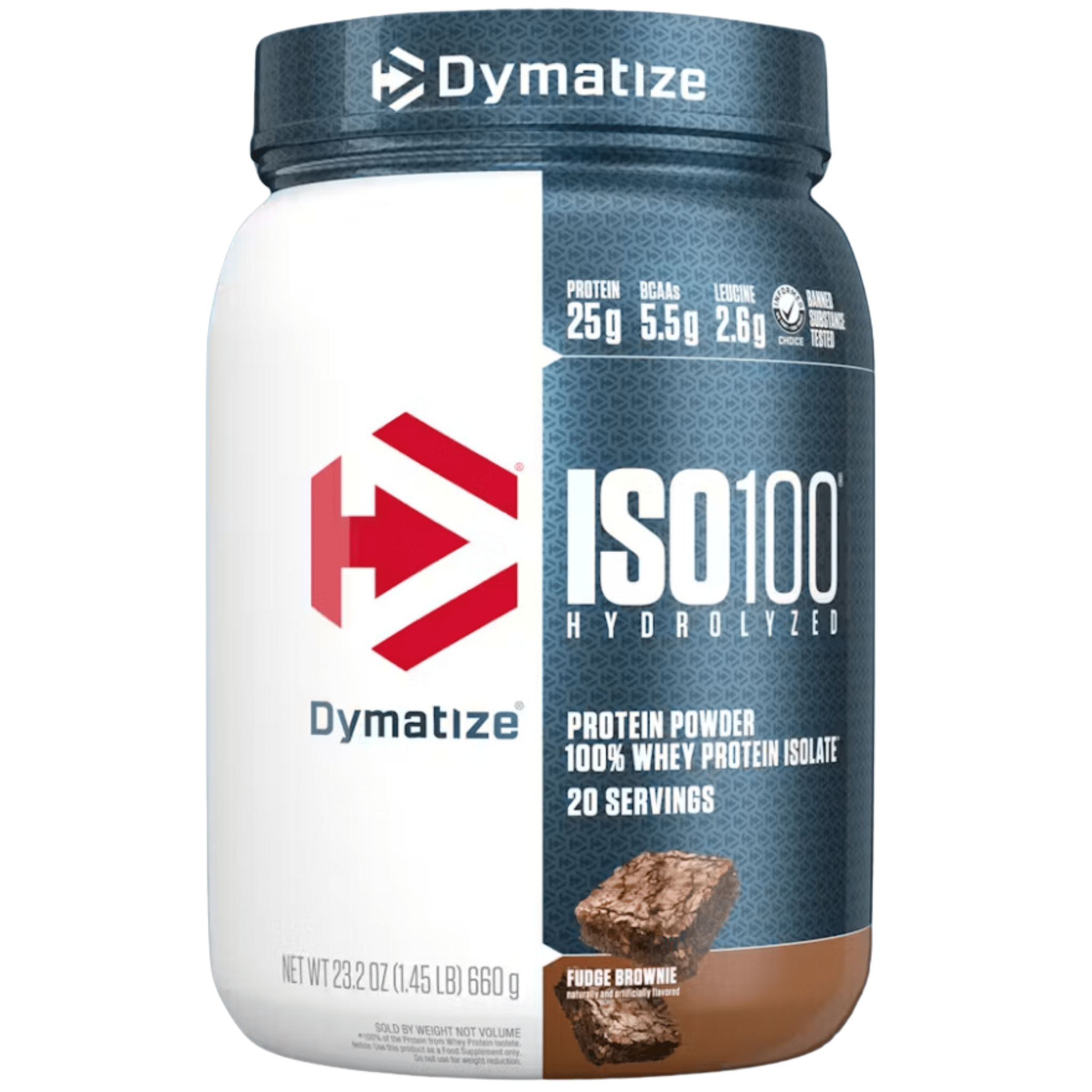Dymatize Iso 100 protein powder, 20sv size, Fudge Brownie flavor