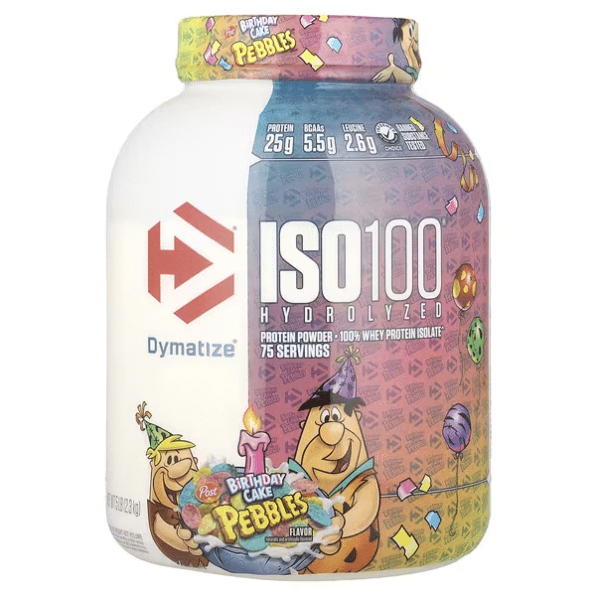 Dymatize Iso 100 protein powder, 5lb size, Birthday Cake Fruity Pebbles flavor