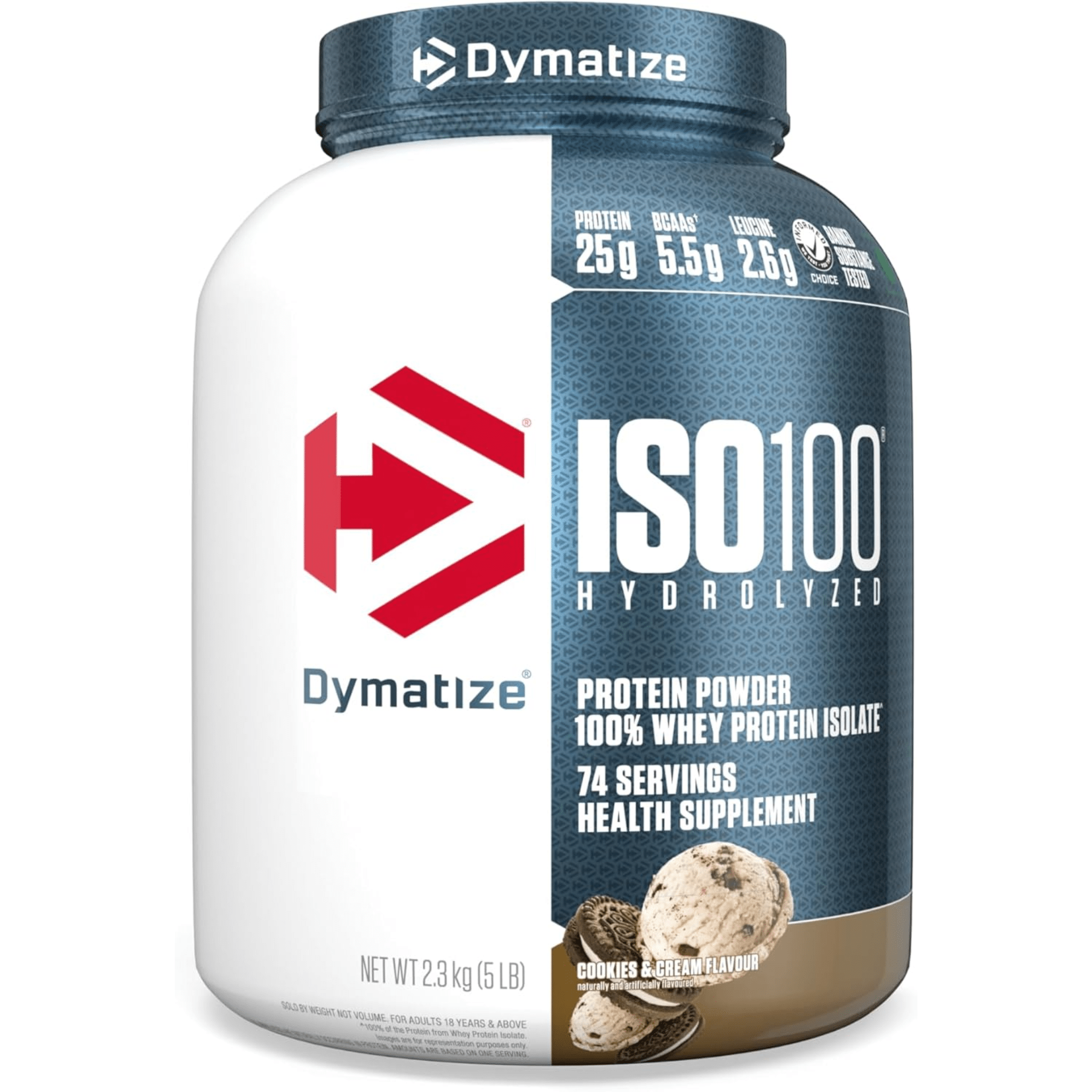 Dymatize Iso 100 protein powder, 5lb size, Cookies & Cream flavor