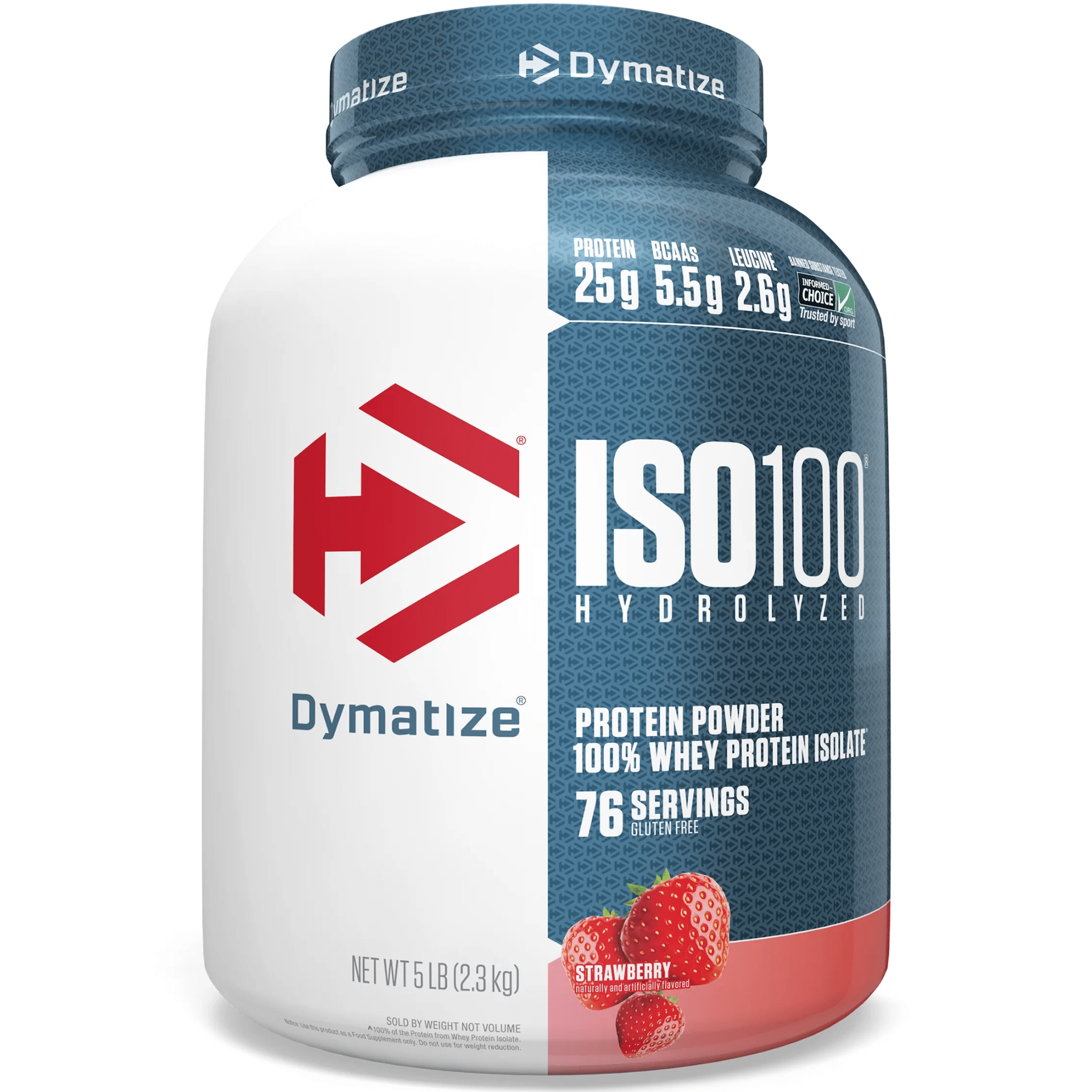 Dymatize Iso 100 protein powder, 5lb size, Strawberry flavor