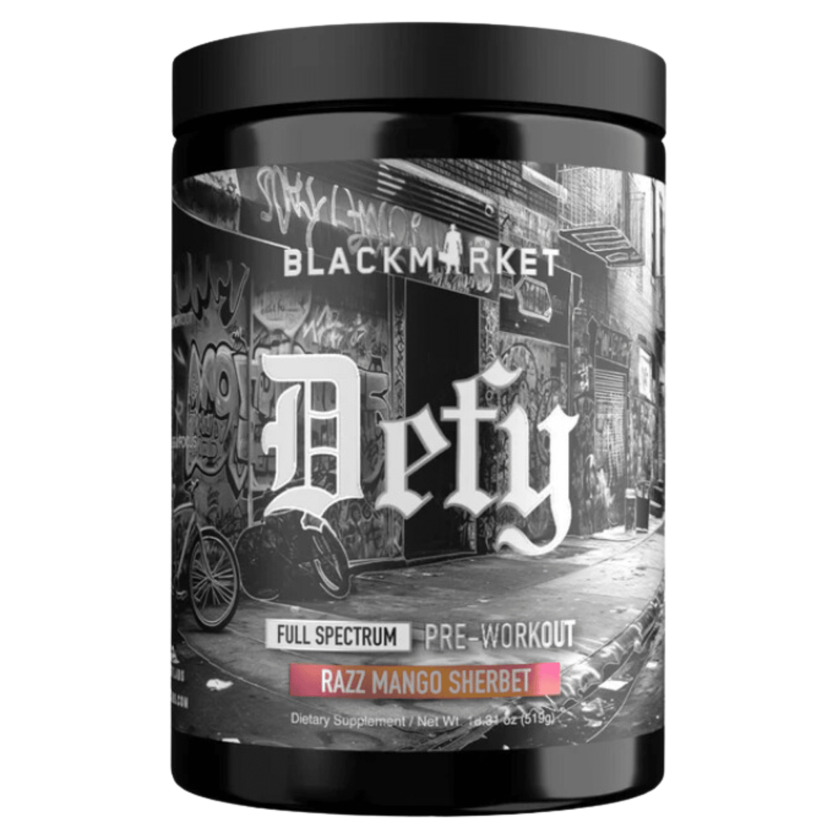 Black Market DEFY pre-workout powder, 40/20 sv size, Razz Mango Sherbert flavor