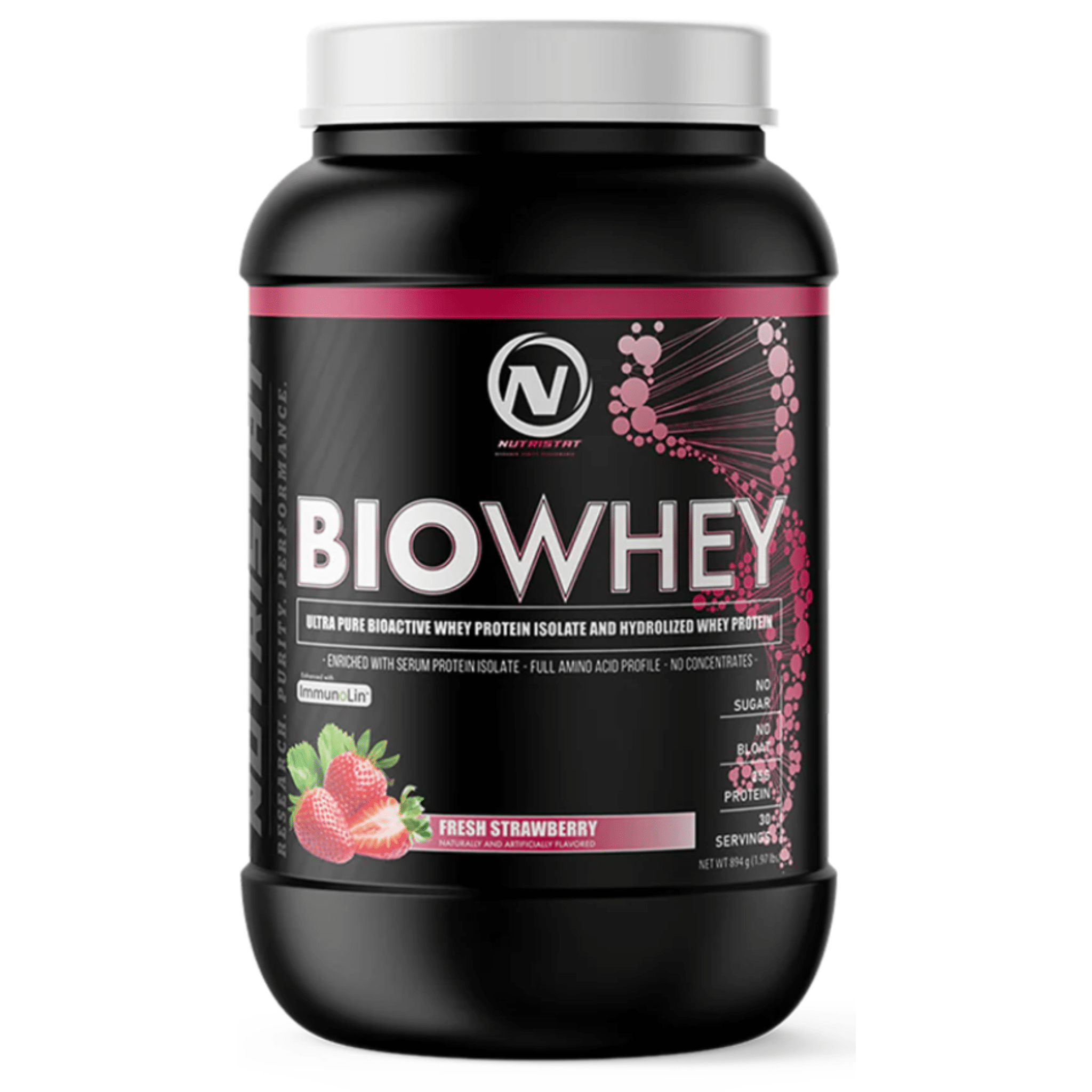 Nutristat Bio Whey protein powder, 2lb size, Fresh Strawberry flavor