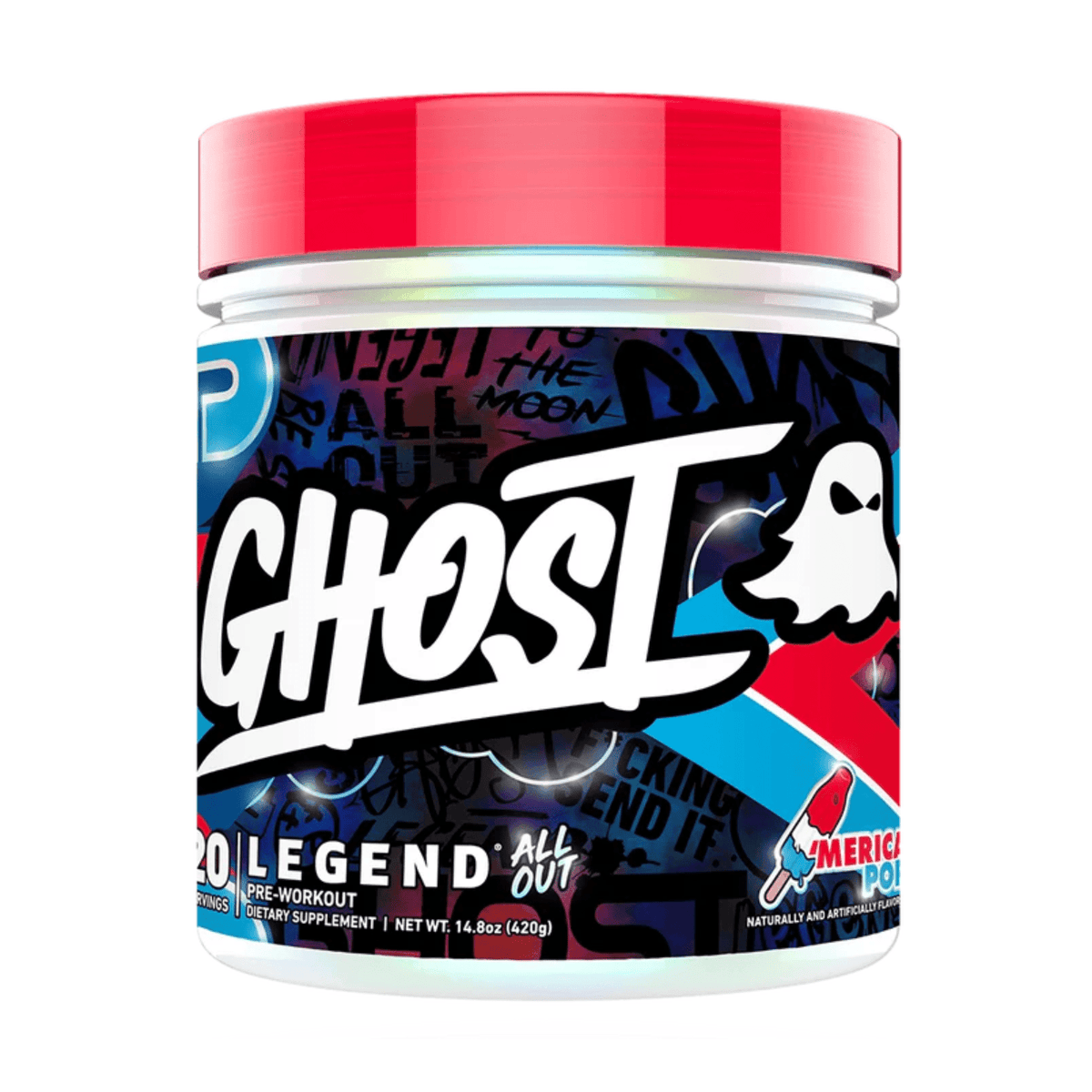 GHOST Legend ALL OUT pre-workout powder, Merica Pop flavor