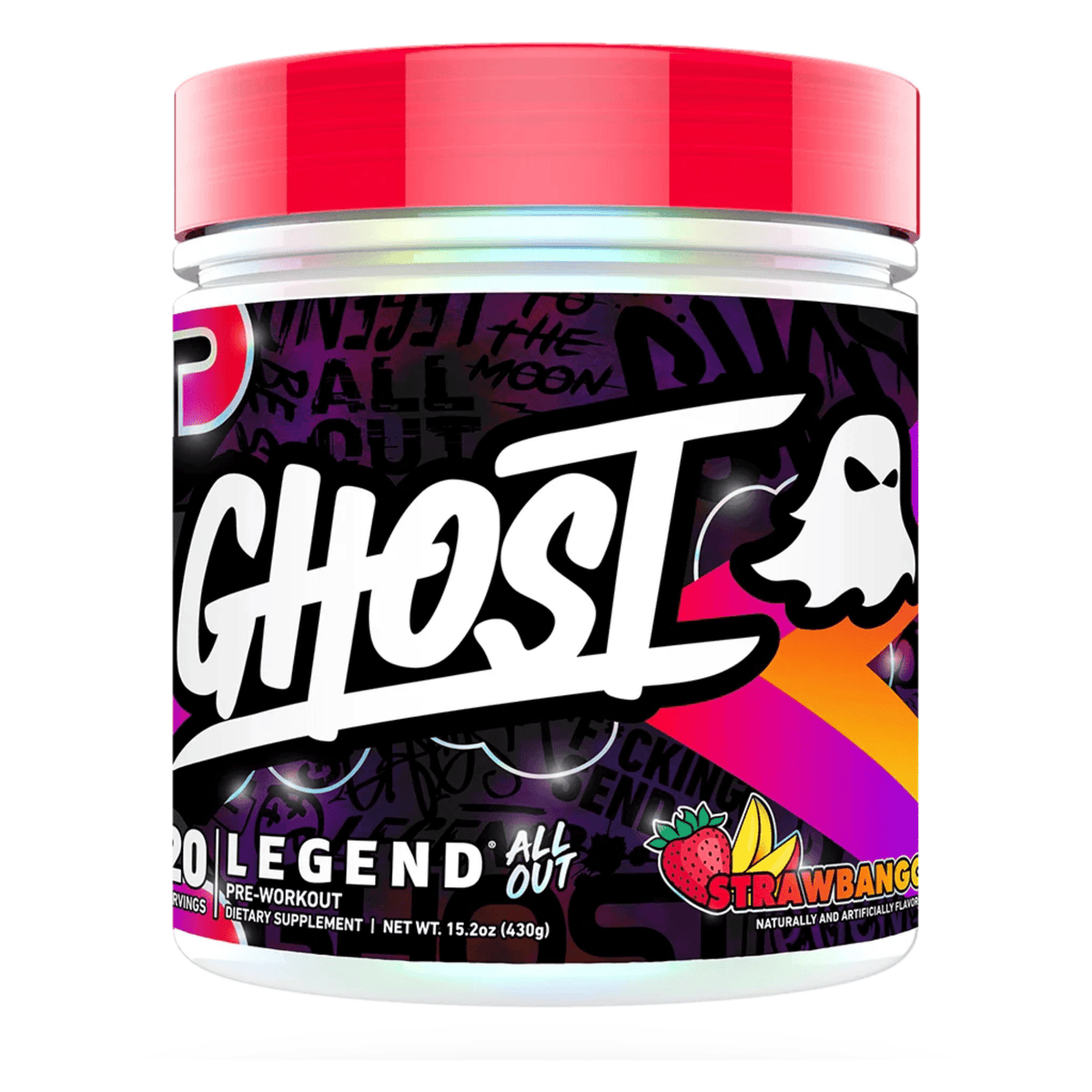 GHOST Legend ALL OUT pre-workout powder, Strawbango flavor