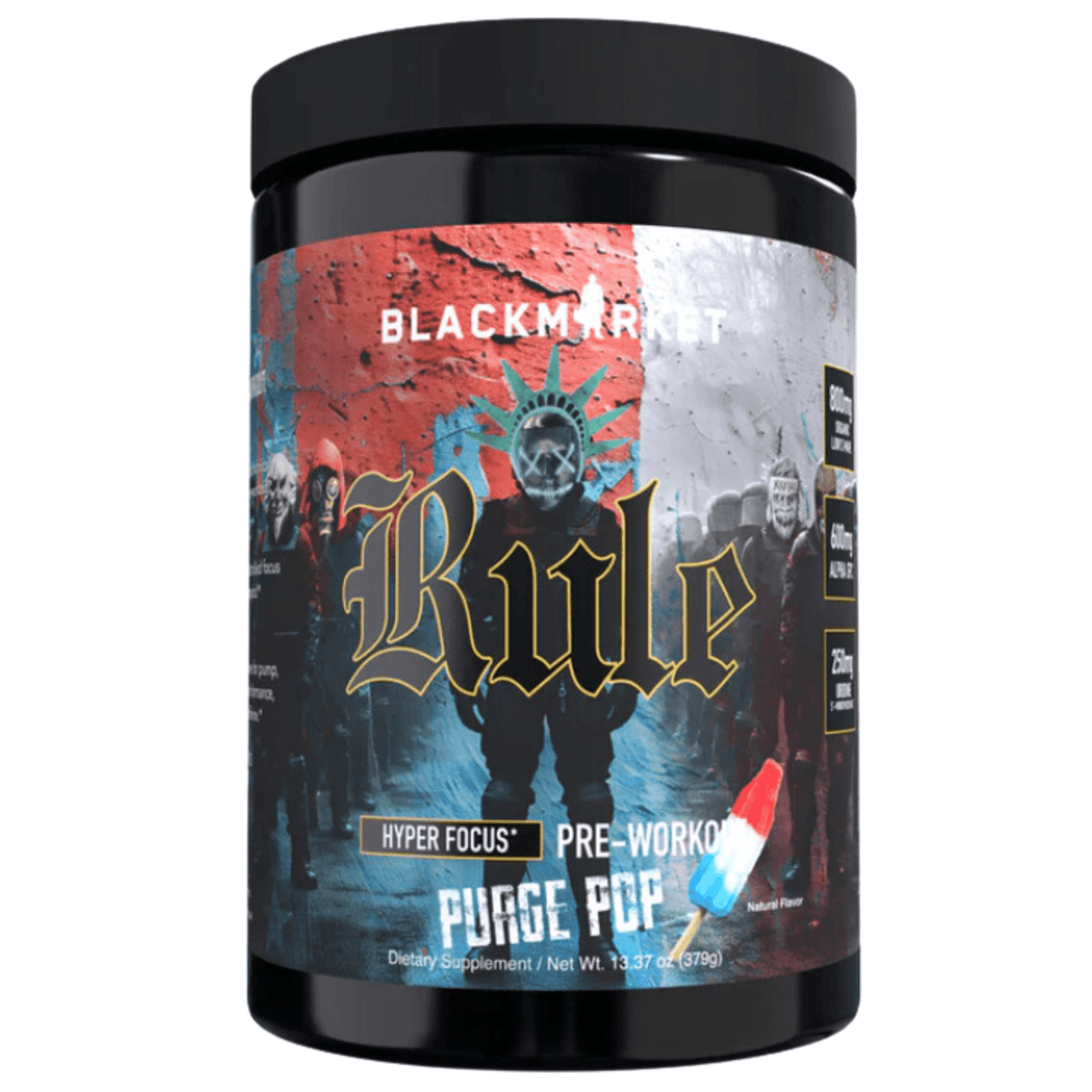 Black Market RULE pre-workout powder, Purge Pop flavor