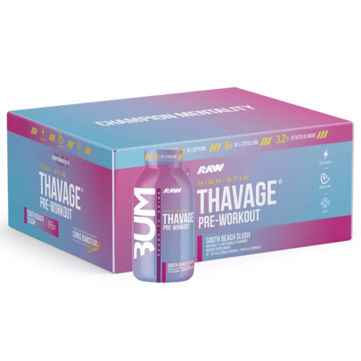 Raw Nutrition Thavage RTD pre-workout powder, 12ct size, South Beach Slush flavor